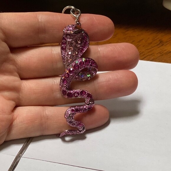 VTG Janus Pink Snake Pendant 3" Movable Bling Y2K Rhinestone Cobra Necklace - Picture 9 of 11